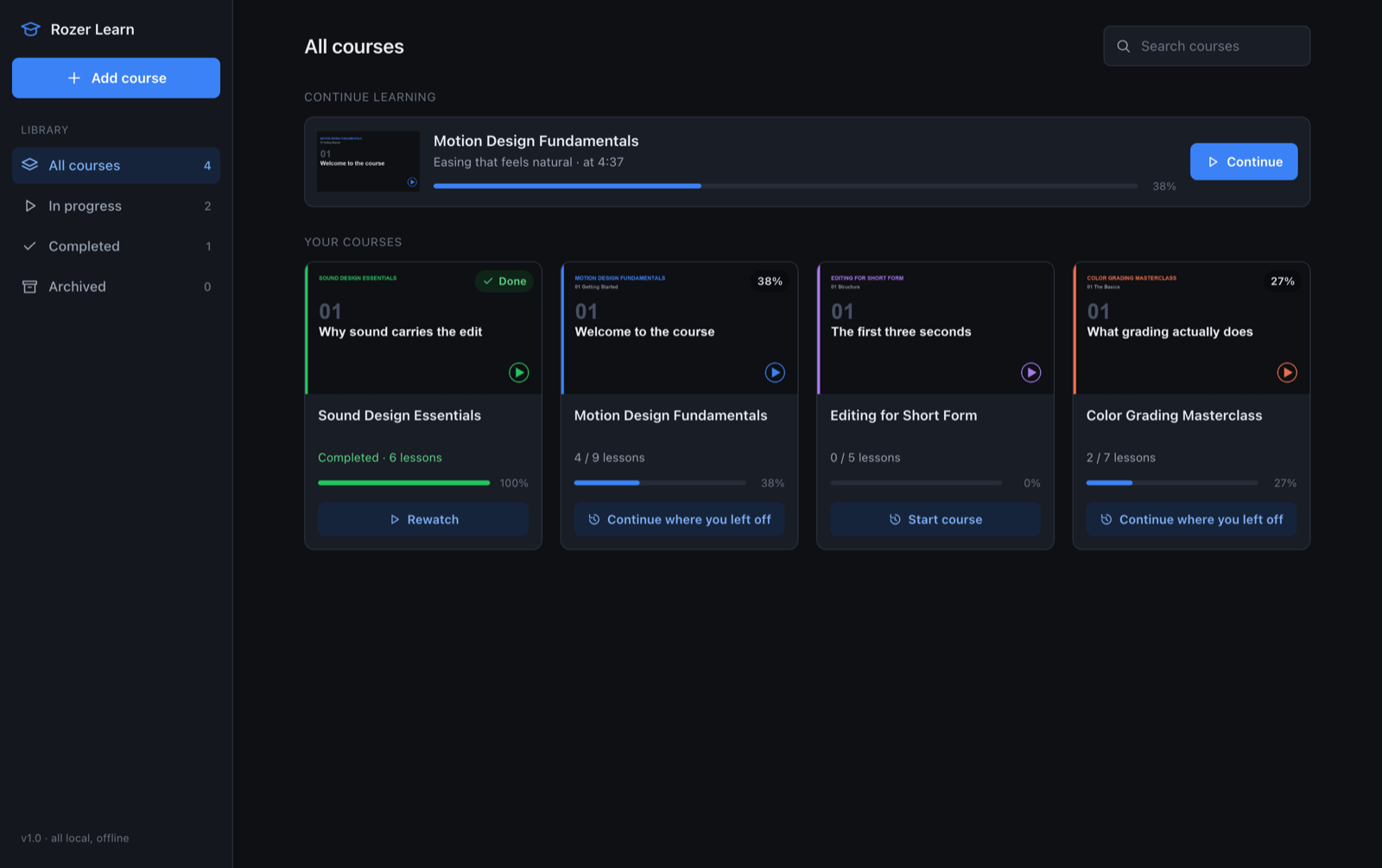 The Rozer Learn library, showing four courses with progress bars and a resume button